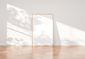 Aufkleber - Wooden frame leaning in bright white interior with wooden floor mockup 3D rendering