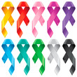 Big Set of Awareness Ribbons. Multicolored symbols of support or solidarity. The meaning behind an awareness ribbon depends on its colors and pattern. Isolated on white background