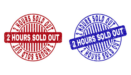 Grunge 2 HOURS SOLD OUT round stamp seals isolated on a white background. Round seals with grunge texture in red and blue colors.