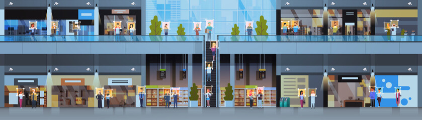 Poster - retail store visitors identification facial recognition concept modern shopping mall interior security camera surveillance cctv system horizontal banner full length