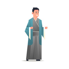 Wall Mural - asian guy wearing traditional clothes smiling man in national ancient costume standing pose chinese or japanese male cartoon character full length flat white background