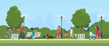 People In Park. Persons Leisure And Sport Activities Outdoor. Cartoon Family And Kids Characters In Summer Active Park Vector Illustration