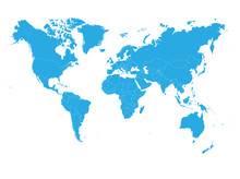 Blue World Map On White Background. High Detail Blank Political. Vector Illustration
