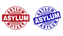 Grunge ASYLUM Round Stamp Seals Isolated On A White Background. Round Seals With Grunge Texture In Red And Blue Colors. Vector Rubber Imitation Of ASYLUM Text Inside Circle Form With Stripes.