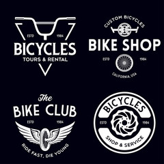 Wall Mural - Set of vintage and modern bike shop logo badges and labels. Cycle wheel isolated vector. Old style bicycle shop and repair logotypes.