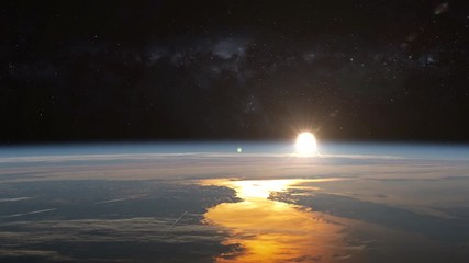 Wall Mural - Scenic sunrise on earth view from space, reflection on ocean and stars on sky in background. Contains public domain image by Nasa