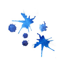 Abstract Blue Drops Isolated On White Background. Hand Drawn Watercolor Illustration. 