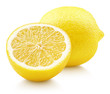 Ripe full yellow lemon citrus fruit with lemon half isolated on white background with clipping path. Full depth of field.