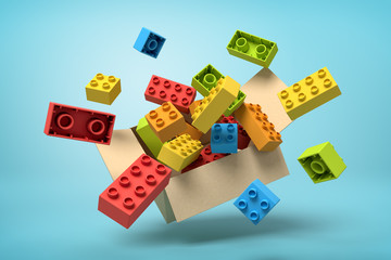 Fototapete - 3d rendering of cardboard box in air full of colorful toy bricks which are flying out and floating outside on blue background.