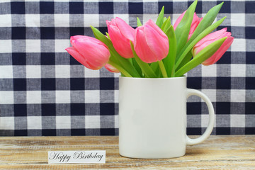 Poster - Happy birthday card with pink tulips in white mug