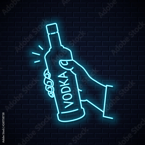 Fotomural Hand hold vodka bottle glass neon sign.