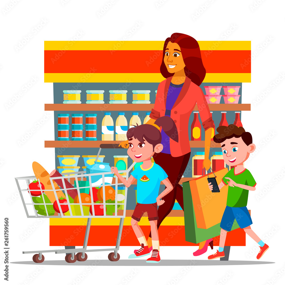 Mother With Children Shopping in Hypermarket Vector Characters. Cartoon Family Shopping In Grocery Shop. Mall, Supermarket. Buyers Carrying Bags Drawing. Mom And Kids Buying Food Flat Illustration