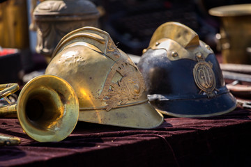 Old helmets for sale on flea market in Zagreb