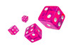 Four pink playing glass dice fly randomly in the air, clipped on white.