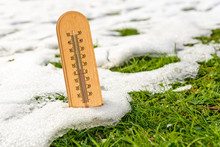 Spring Time Concept - Mercury Wooden Thermometer In Melting Snow And Growing Green Grass On A Sunny Day