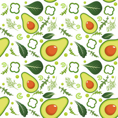  Seamless pattern on white background with green vegetables. Avocado, paprika, green peas, celery, spinach, arugula and dill. Vector illustration.