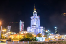 The Palace Of Culture And Science, One Of The Symbols Of Warsaw, Poland. Night View.