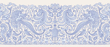 Vector Seamless Border Pattern. Fantasy Mermaid, Octopus, Fish, Sea Animals Dark Blue Contour Thin Line Drawing On A Beige Background. Embroidery, Wallpaper, Textile Print, Wrapping Paper