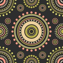 Seamless Abstract Pattern Of Red, Orange And Green Circles And Dots On Black Background. Kaleidoscope Ornament.