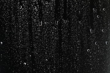 Wall Mural - black wet background / raindrops for overlaying on window, concept of autumn weather, background of drops of water rain on glass transparent