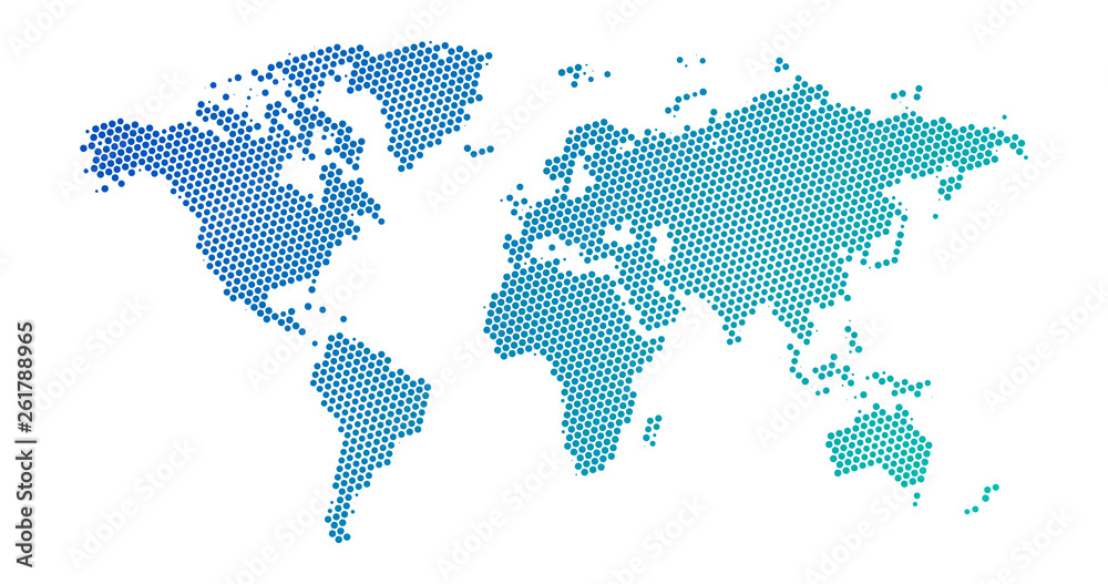 Black halftone dotted blue gradient world map. Vector illustration. Dotted map in flat design. Vector illustration isolated on white background - obrazy, fototapety, plakaty 