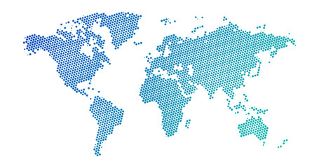 black halftone dotted blue gradient world map. vector illustration. dotted map in flat design. vecto
