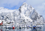 Fototapeta Góry - View to the harbor of Svolvaer resort in winter time, Lofoten Archipelago, Norway, Europe