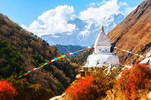Buddhist Stupa In Autumn Himalaya Mountains. Khumbu Valley, Everest Region, Nepal