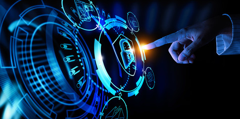 Leinwandbilder - Data protection Cyber Security Privacy Business with Woman hand pointing with UI.Internet Technology Concept.