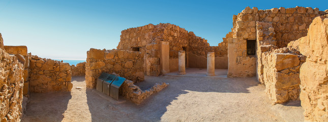 Panoramic view of the ruins of a home with columns in Masada