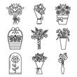 Set of flowers bouquet icons. Contains icons - chamomile, rose flower, calla, tulip, peony and others. Vector.