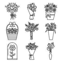 set of flowers bouquet icons. contains icons - chamomile, rose flower, calla, tulip, peony and other