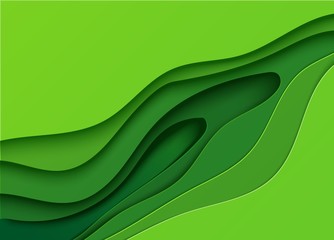 Green banner with abstract diagonal shapes cut out of paper style. Carving wave background with layers and shadow. Vector card illustration for ecology flyer or poster