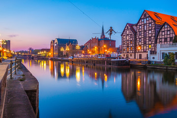 Bydgoszcz old town at amazing sunrise with reflection in Brda river. Bydgoszcz. Poland