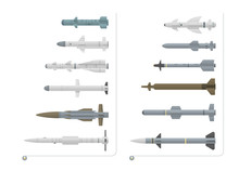 Vector illustration of a set of different types of missiles isolated on a white background.