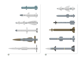 Wall Mural - Vector illustration of a set of different types of missiles isolated on a white background.