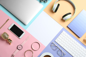Aufkleber - Flat lay composition with laptop, keyboard, accessories and space for text on color background. Fashion blogger