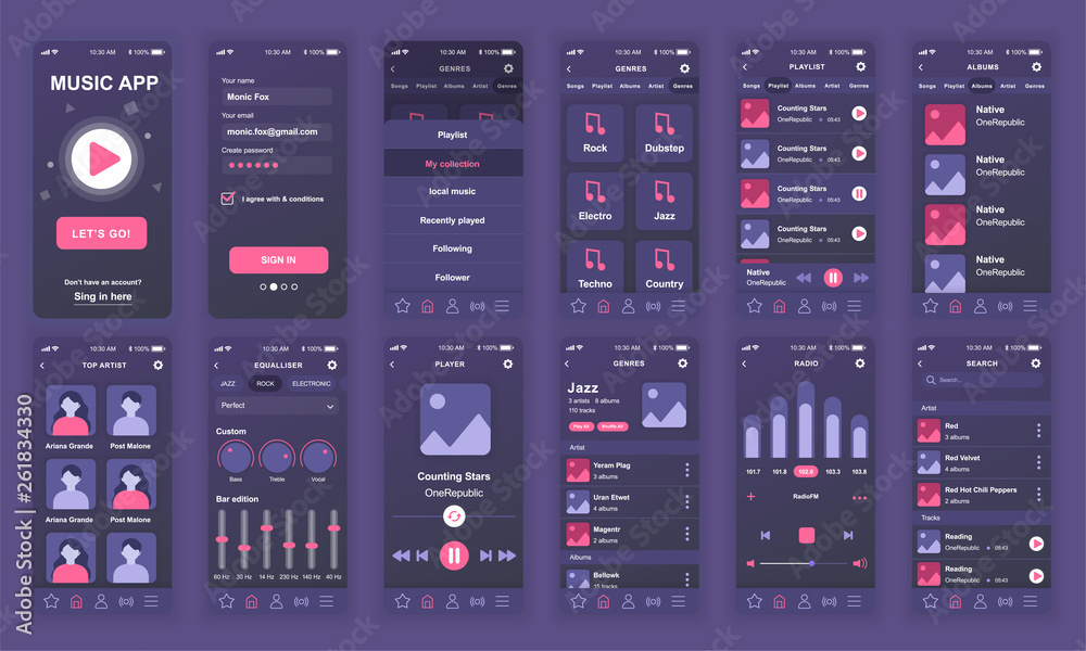Set of UI, UX, GUI screens Music app flat design template for mobile ...