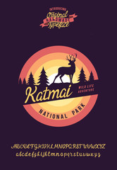 Katmai national park. Hand made badge in flat style. Hand made typeface. Serif script font. Vintage badge.