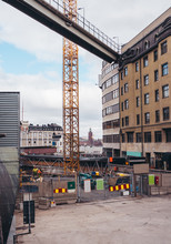 Urban Construction Site In Stockholm Sweden At Slussen With Landmarks Seen