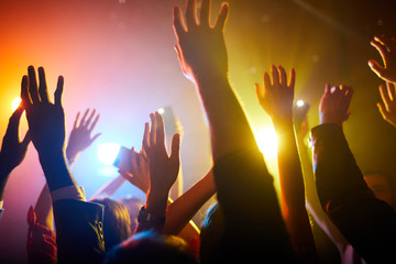 Wall Mural - Group of unrecognizable people standing in colorful light and waving hands in air during performance of musician