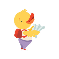 Sticker - Cheerful tourist duckling with map and backpack, cute animal cartoon character travelling on summer vacation vector Illustration on a white background