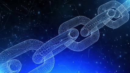 Digital computer data and network connection structure of illuminated Blockchain chain on dark blue background.