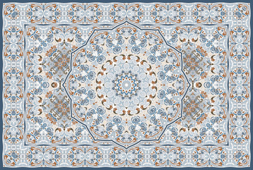 Vintage Arabic pattern. Persian colored carpet. Rich ornament for fabric design, handmade, interior decoration, textiles. Blue background.