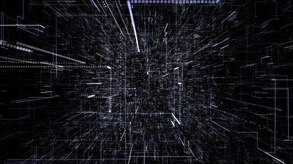 Blue abstract virtual space. 3d illustration flying through digital data tunnel. Data tunnel journey, transmission of digital information. Futuristic 3d rendering of a hi-tech cyber space line & dot.