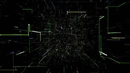 Green abstract virtual space. 3d illustration flying through digital data tunnel. Data tunnel journey, transmission of digital information. Futuristic 3d rendering of a hi-tech cyber space line & dot.