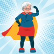 © Elena - Grandma in superhero costume standing with arm flexed vector cartoon illustration. Smiling friendly confident Caucasian senior woman wearing cape. Lifestyle, active old age, health theme.