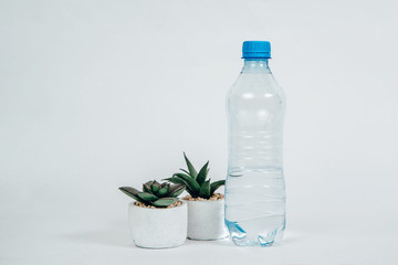 Wall Mural - Plastic bottle with water on a light background. The concept of thirst, the desire to drink clean water. Taking care of health, proper hydration of the body.