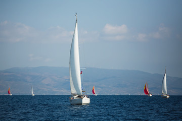 Sailing yacht boat at the Aegean Sea near Greece coasts.