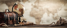 Vintage World Globe, Suitcase, Compass, Telescope, Book, Rope And Anchor With Map Background And Grunge Effect - Travel Concept